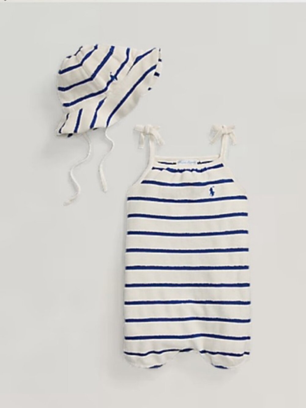 Ralph Lauren Baby Striped Terry Romper & Hat Set White Blue Size 6M New